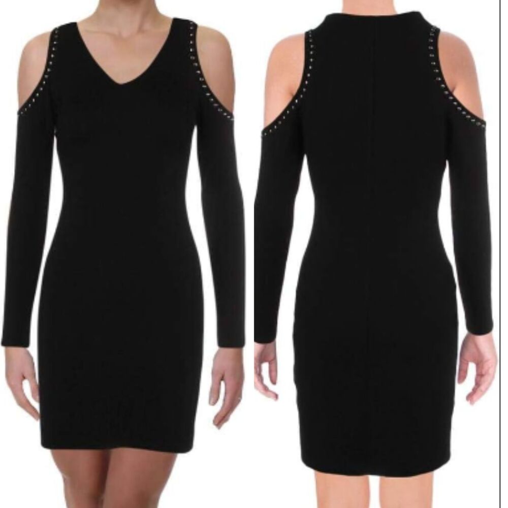 NWT Karen Kane Women's La Vie En Rosa Studded Dress XS Black Cold Shoulder